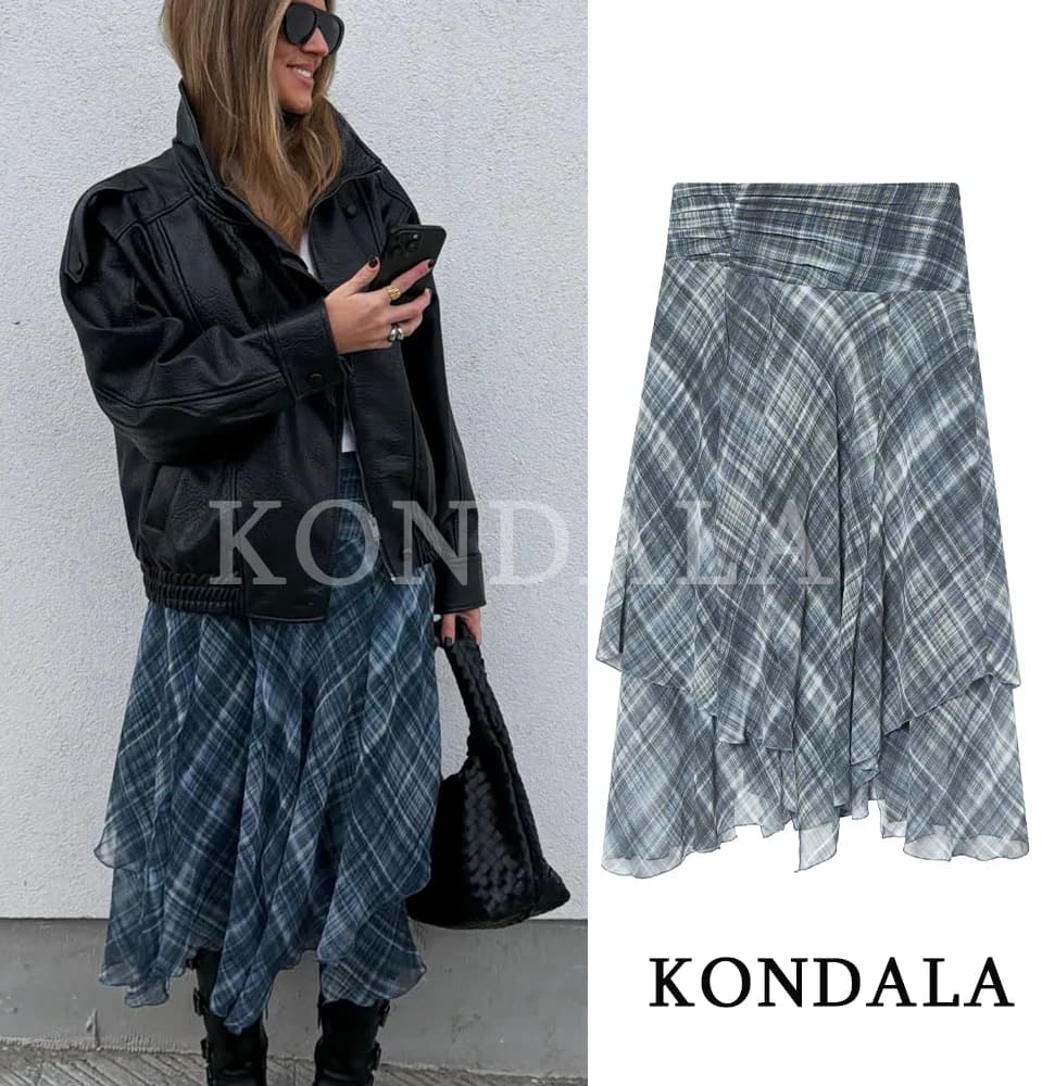 KONDALA Trendy Elegant Asymmetrical Pleated Skirt Women High Street Plaid Midi Skirt 2026 Spring Fashion Holiday Chic Lady Skirt