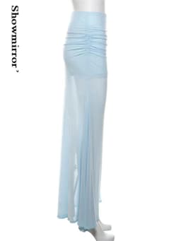 Women Blue Transparent Party Long Dress Blue Skirt Lace Up Long Skirts Female Cute Kwaii Outfits Y2K
