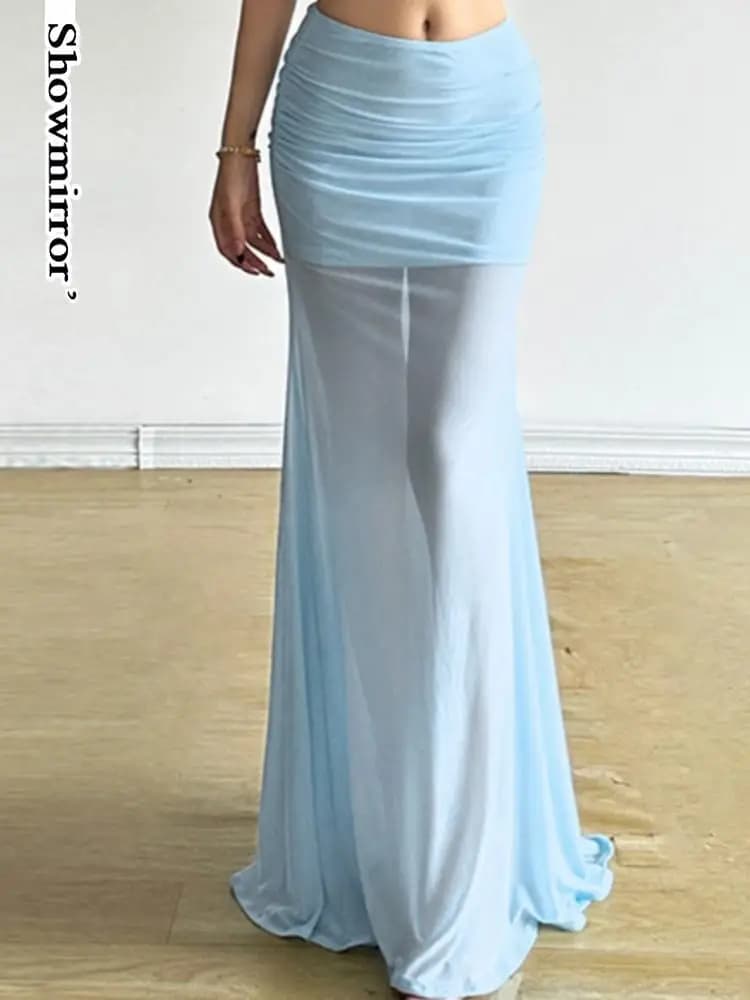 Women Blue Transparent Party Long Dress Blue Skirt Lace Up Long Skirts Female Cute Kwaii Outfits Y2K