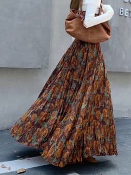 New Fashion French Retro Pleated Printed Midi Skirt For Women New Autumn Winter High Waist Slim Big swing A-line Long Skirt