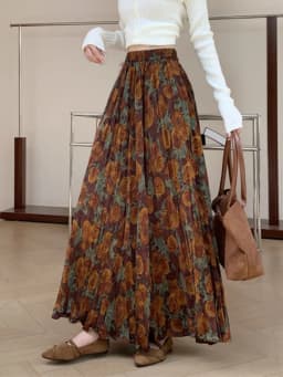 New Fashion French Retro Pleated Printed Midi Skirt For Women New Autumn Winter High Waist Slim Big swing A-line Long Skirt