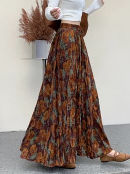 New Fashion French Retro Pleated Printed Midi Skirt For Women New Autumn Winter High Waist Slim Big swing A-line Long Skirt