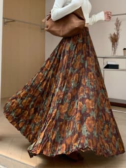 New Fashion French Retro Pleated Printed Midi Skirt For Women New Autumn Winter High Waist Slim Big swing A-line Long Skirt