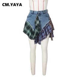 CM.YAYA Women Fashion Plaid Denim Patchwork Streamer Irregular A-line Mini Skirt 2023 Street Female Classic Jeans Cargo Skirts