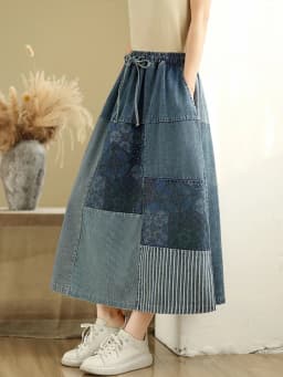 NYFS Summer Korean Denim Skirt Vintage Loose Plus Size High Waist Patchwork Woman Long Skirts Faldas Mujer Saias