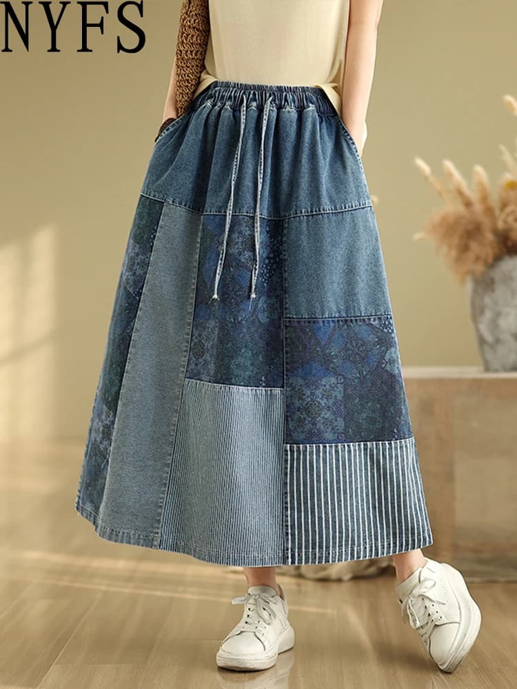 NYFS Summer Korean Denim Skirt Vintage Loose Plus Size High Waist Patchwork Woman Long Skirts Faldas Mujer Saias