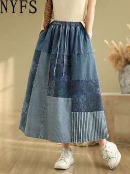 NYFS Summer Korean Denim Skirt Vintage Loose Plus Size High Waist Patchwork Woman Long Skirts Faldas Mujer Saias