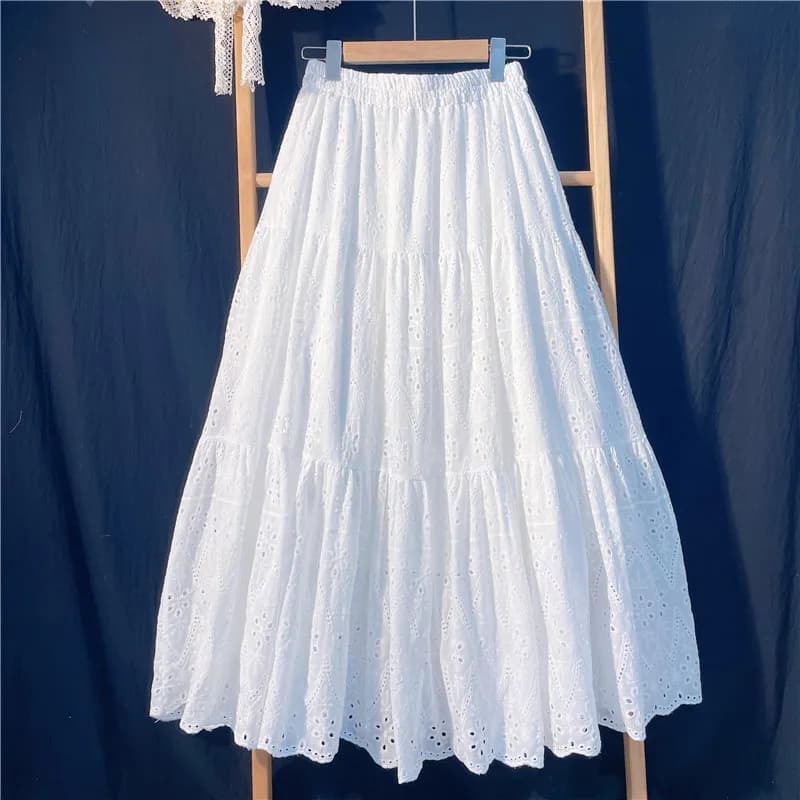 Elegant Hollow Out Embroidery Cotton Line White Skirt, Long Black Skirts For Women 2026 Autumn