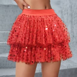 Women Sequined Fashion A-Line Skirt Glitter High Waist Mesh Double Layered Tutu Skirt Clubwear Rave Performance Dancing Costumes