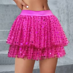 Women Sequined Fashion A-Line Skirt Glitter High Waist Mesh Double Layered Tutu Skirt Clubwear Rave Performance Dancing Costumes