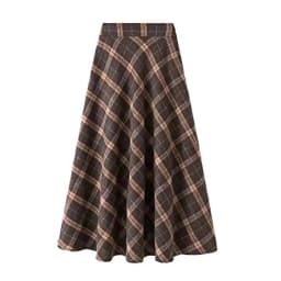 Women Midi Skirt Elastic High Waist Plaid Print Skater Skirt A-Line Large Hem Casual Skirt Korean Thick Commuting Streetwear