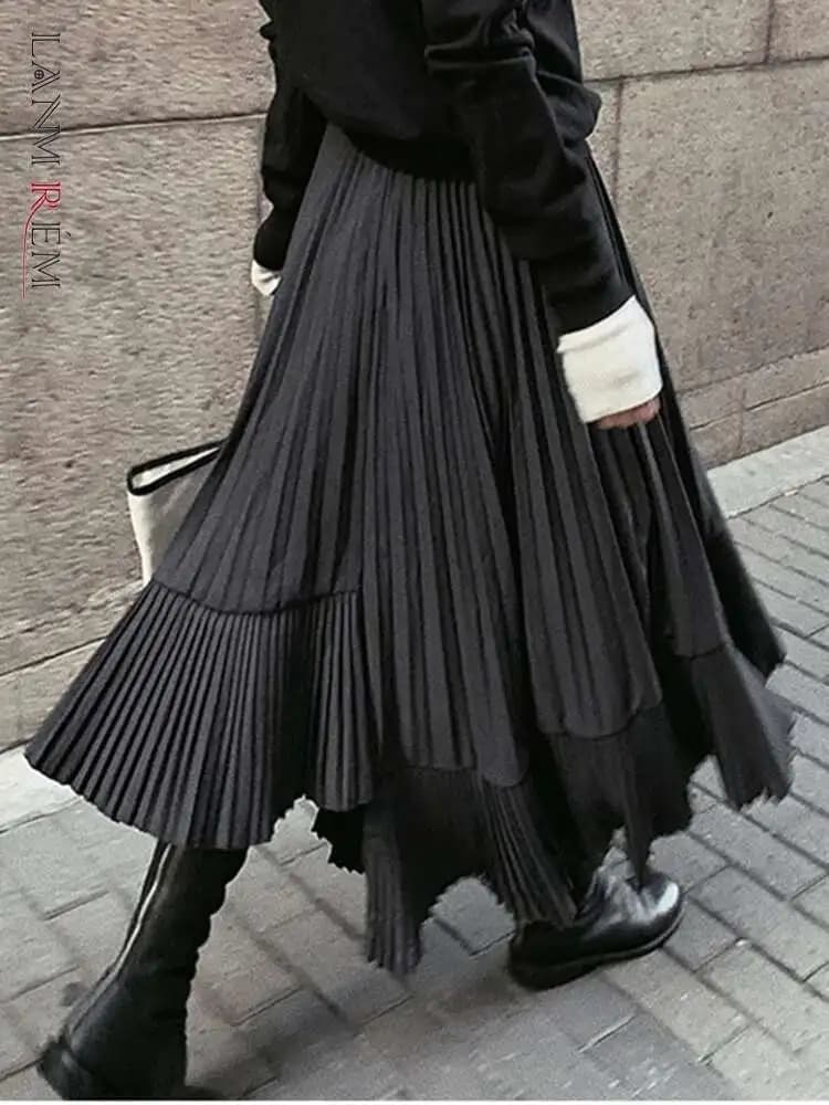 LANMREM Patchwork Fold Skirt For Women High Waist Solid Color Irregular Skirts Casual Female Clothing 2025 Spring New 2YA3242