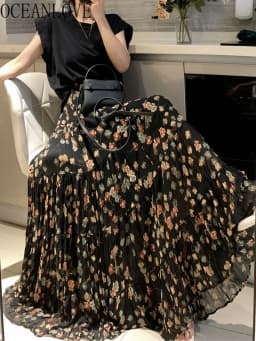 OCEANLOVE Chiffon Long Skirts Spring Summer Print Floral French Style Vintage Sweet Women Skirt Fashion Elegant Faldas Mujer