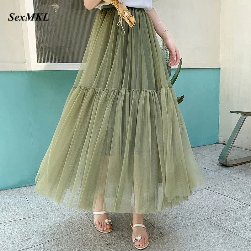 Vintage Gothic Black White Pleated Long Tulle Skirt Tutu Femme High Waist holiday Runway Mesh Skirts Womens 2025 Jupe Casual