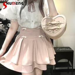 Japanese Mines Style Bow Double Layer Puffy Short Skirts High Waist A-line Sweet Cute Versatile Lolita Mini Skirt Women Summer
