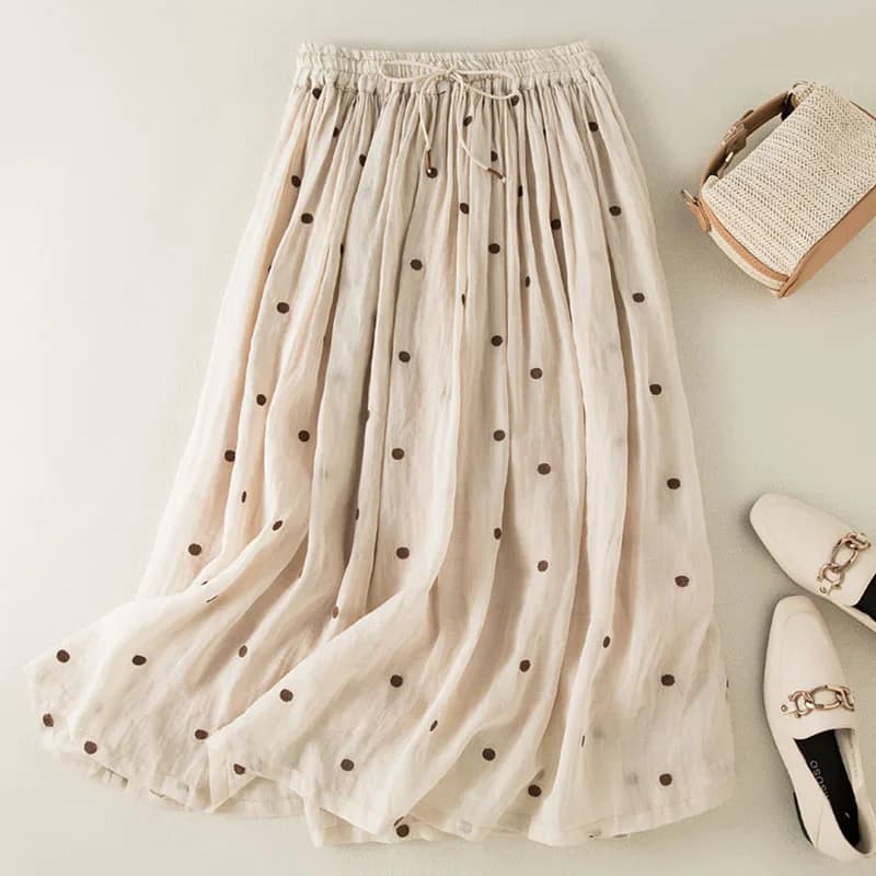 Polka Dot Cotton Linen Skirt Women Drawstring Elastic Waist A-Line Casual Vintage Big Swing Pleated Skirts Summer