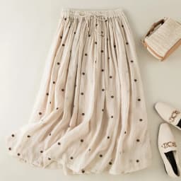 Polka Dot Cotton Linen Skirt Women Drawstring Elastic Waist A-Line Casual Vintage Big Swing Pleated Skirts Summer