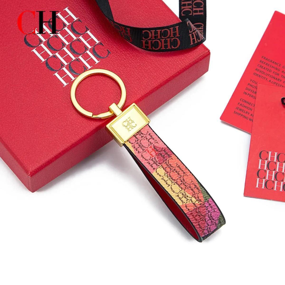 CH Monogram Print Leather Keychain Two Tone Red Edge Car Key Holder Unisex Fashion Bag Charm Luxury Accessory Pendant Keyring