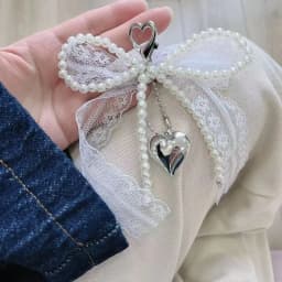 Girl Sweet Lace Pearl Bow Bag Charm Korean Ins Heart Pendant Keychain Bluetooth Headphone Decorative Chain