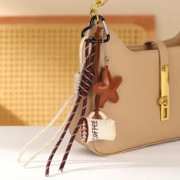 Kawaii Cartoon Linen Embroidery Coffee Bread Keychain Leather Heart Pendant Bag Charm Car Keychain Couples Bag Pendant Accessori