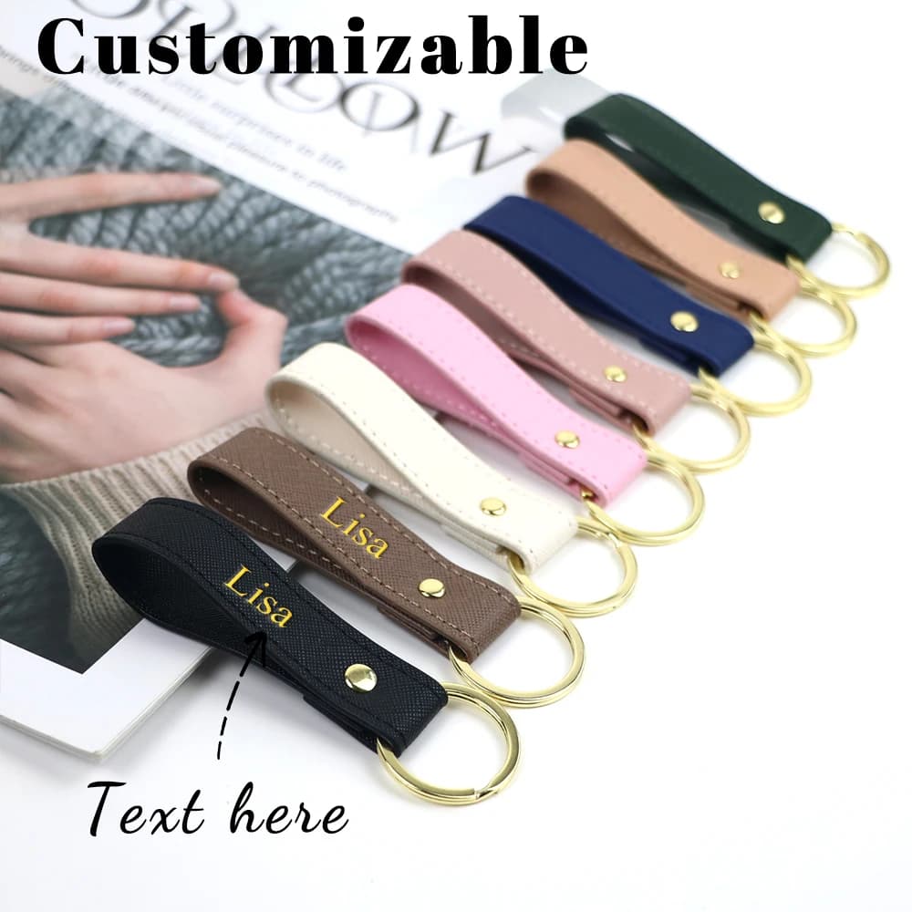 Custom Name Solid Color Safayano Pattern PU Leather Family Key Chain Christmas Birthday Gift Car Key Chain