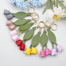 Fashion Tulip Bag Decoration PU Leather Leaf Flower Key Chain, Fashion Cute Charm Creative Bag Pendant For Family/Friends Gift