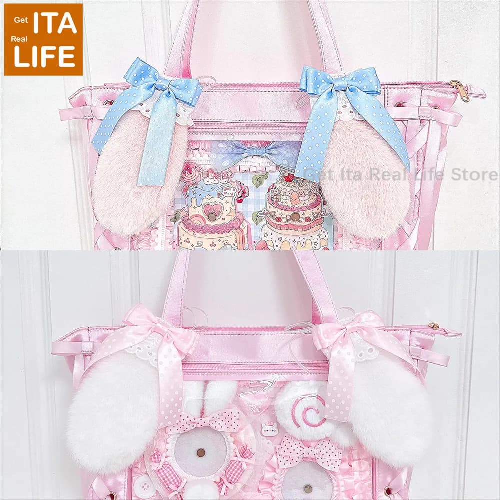 Italife Fluffy fur Ears with Bow for Itabag Decoration Women Kawaii Pink Blue 15cm Ear Hanger Buckles Ita bag Accessories H353
