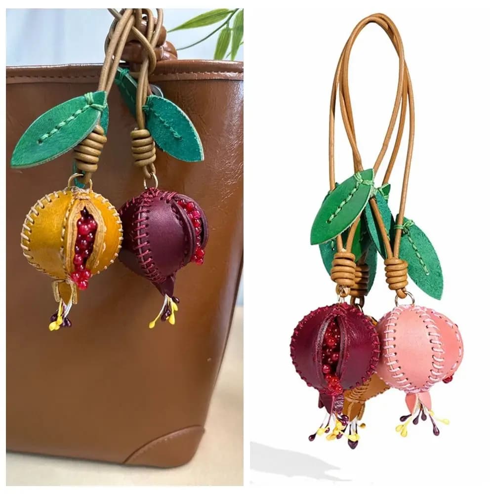 Genuine Leather Pomegranate Fruit Pendant Creative Handmade Fashion Delicate Handbag Ornament Cute Personalized Bag Accessories