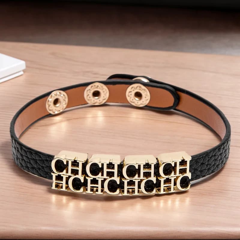 CH Fashionable Leather Bracelet with Gold Metal Letter Charms Adjustable Snap Button Closure Trendy Accessory Women