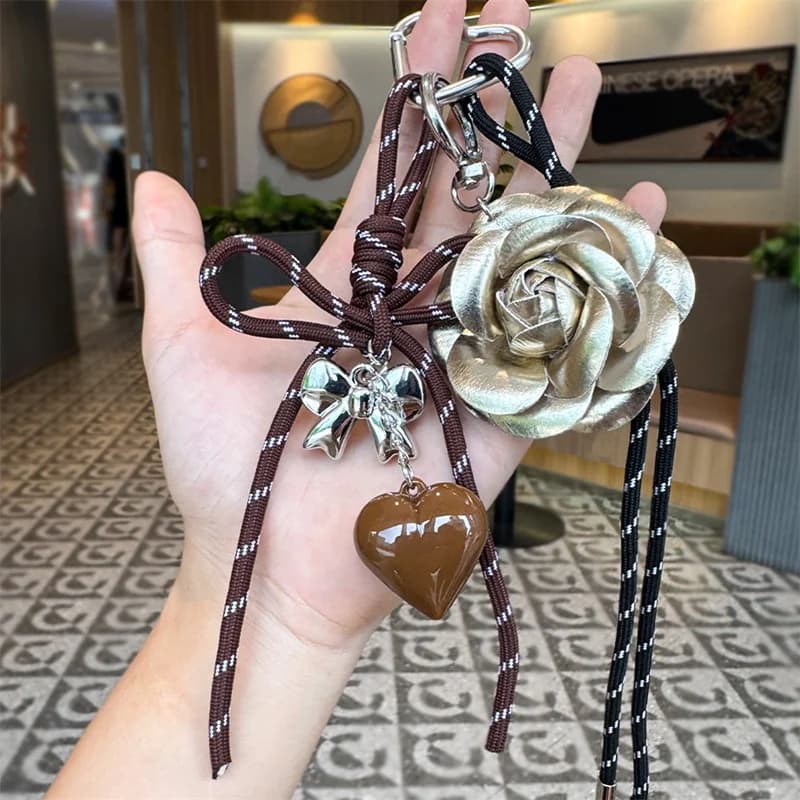 Handmade Camellia Flowers Personalized Heart Keychain Creative Simple Diy Rope Pendant Tassels Trendy Accessory Gifts