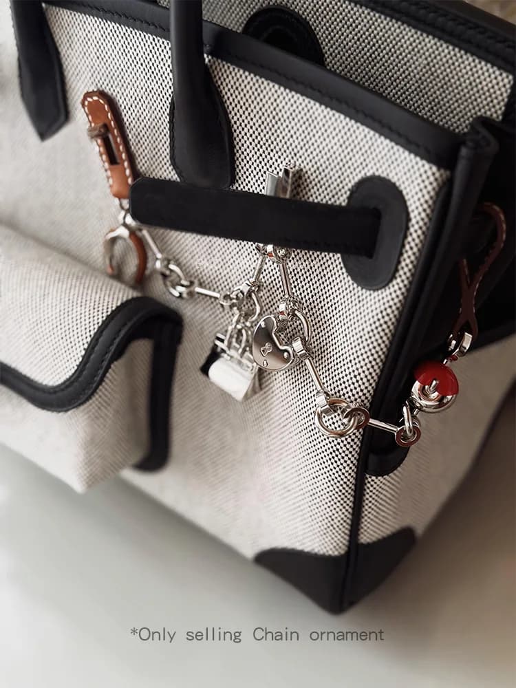 Luxury Metal Spliced Calfskin Bag Charm Silver Chain Pendant For Birkin Kelly Handbag Decor,Fashion Bag Accessory