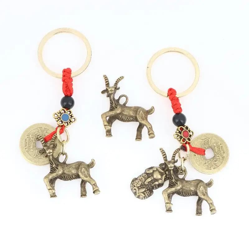 New Year 2027 Sheep Lucky Pendant Keychain Pi Xiu Feng Shui Wealth Key Ring Vintage Red String Knot Bag Pendant Jewelry Gift