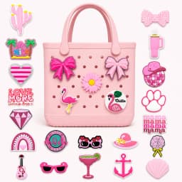 1/25pcs Pink Glam & Beach Theme Bag Charms Set DIY Decorative Pins Flamingo Bow Heart Tote Accessories for Women Handbag Decor