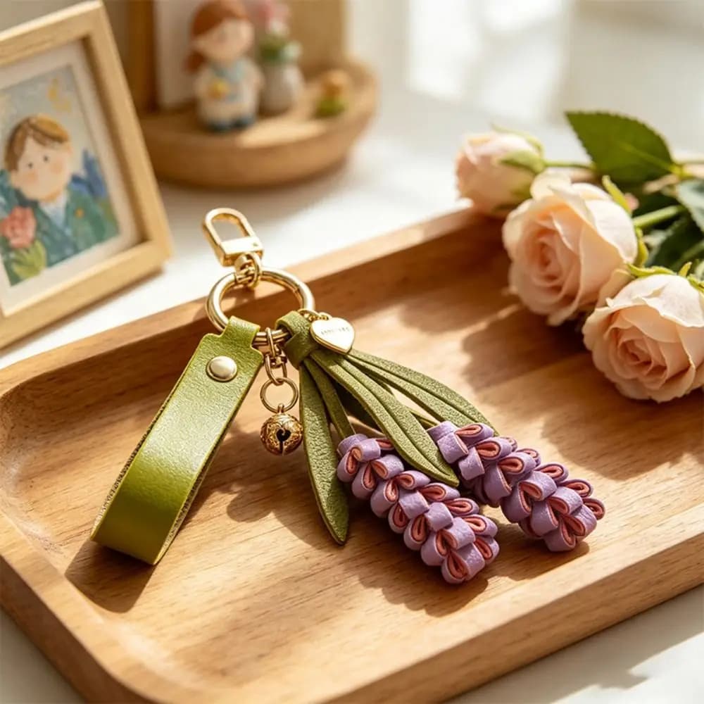 Multi-color Purple Pu Leather Flower Pendant Hanger Lavender Pu Flower Keychain Weave Fashion Bag Charm Car Keyring