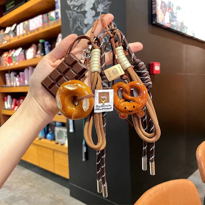 Creative Bowknot Woven Rope Keychain Chocolate Bagel Bread Keychain Polyester Anti-lost Bag Decoration Woven