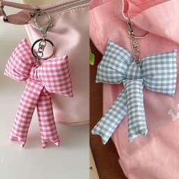 Y2K Pink Puff Grid Bowknot Bag Charms Keychain Trendy 3D Bowknot Keyring Pink Blue Plaid Bow Handbag Pendant Fashion Accessories