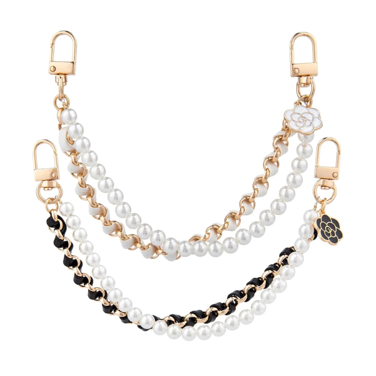Pearl Bag Extender Chain Wallet Double Chain, Metal Purse Extender Strap PU Leather Handle Replacement for Handbags Purse