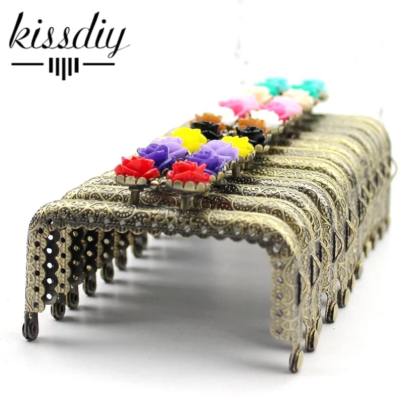 KISSDIY 10pcs 8.5CM Rose Head Pattern Purse Frame Antique Bronze Square Shape Bag Kiss Clasp Lace Metal DIY Bag Accessories