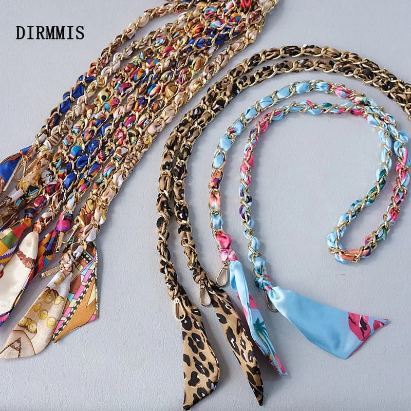 New Fashion Spring Woman Handbag Accessory Chains Detachable Long Crossbody Print Cute Silk Strap Women DIY Chain Bag Handles