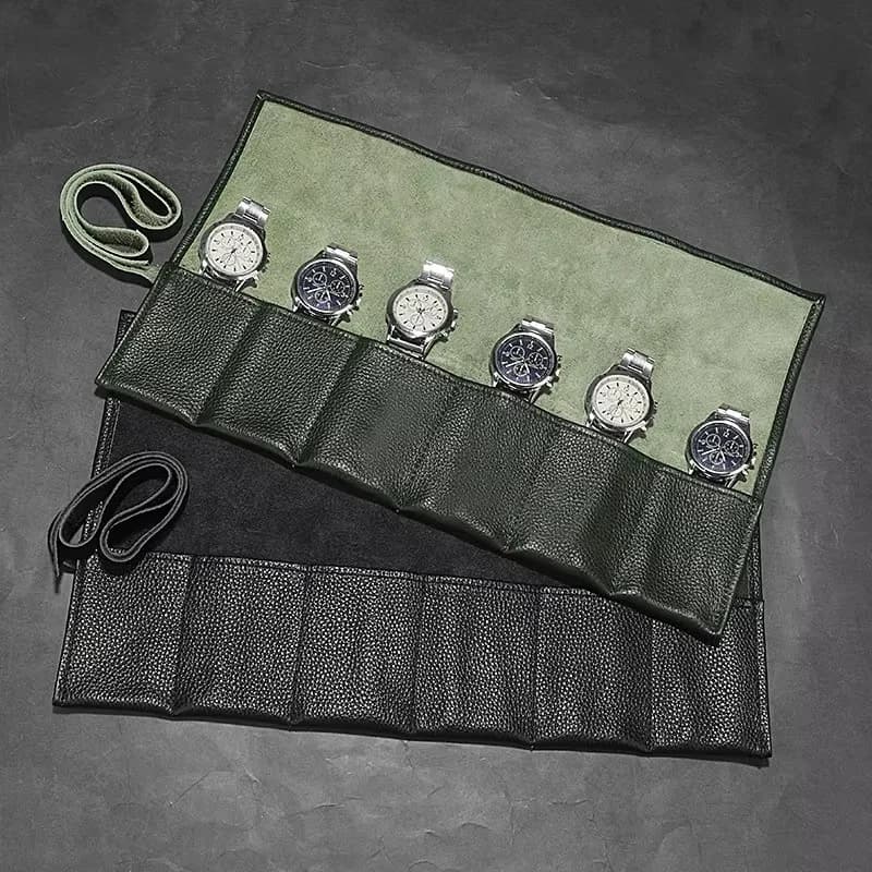 Free Customized Name Cow Leather Watch Storage Bag 6 Slots Roll up Watch Bag Portable Travel Display Smart Watch Storage Pouch