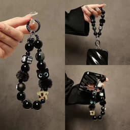 Niche Luxury Black Fluffy Cat Mobile Phone Strap with Beaded Handle Chain Wrist Anti-Theft Clip Bag Accessory