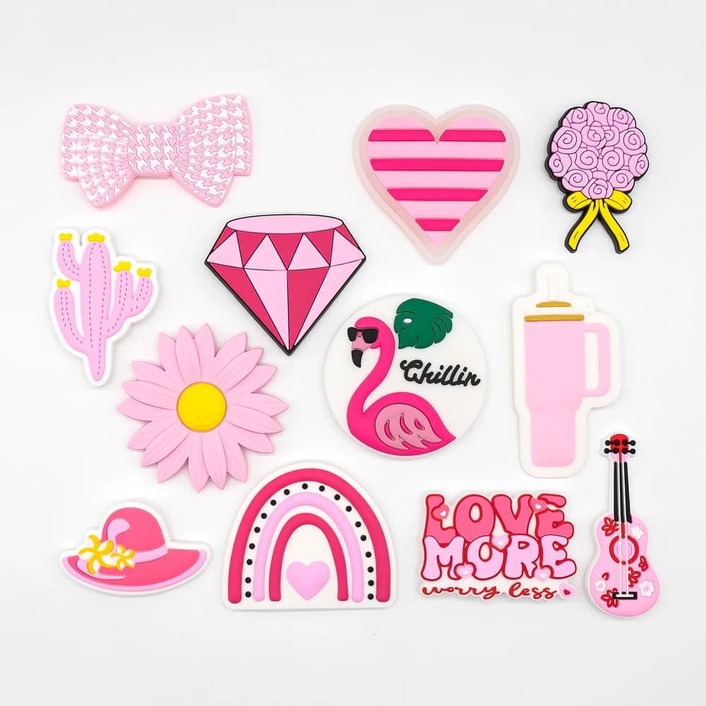 1/12pcs Pink Cactus Flower Charms For Beach Bag Accessories Pink Hat Heart Bow Handbag Decoration Flamingo Tote Bag Accessories