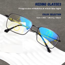 Progressive Multifocal Reading Glasses, Anti-Blue Light Lenses, Clear Vision from Far and Near, Metal Frame, Unisex.
