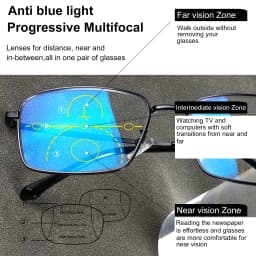 Progressive Multifocal Reading Glasses, Anti-Blue Light Lenses, Clear Vision from Far and Near, Metal Frame, Unisex.