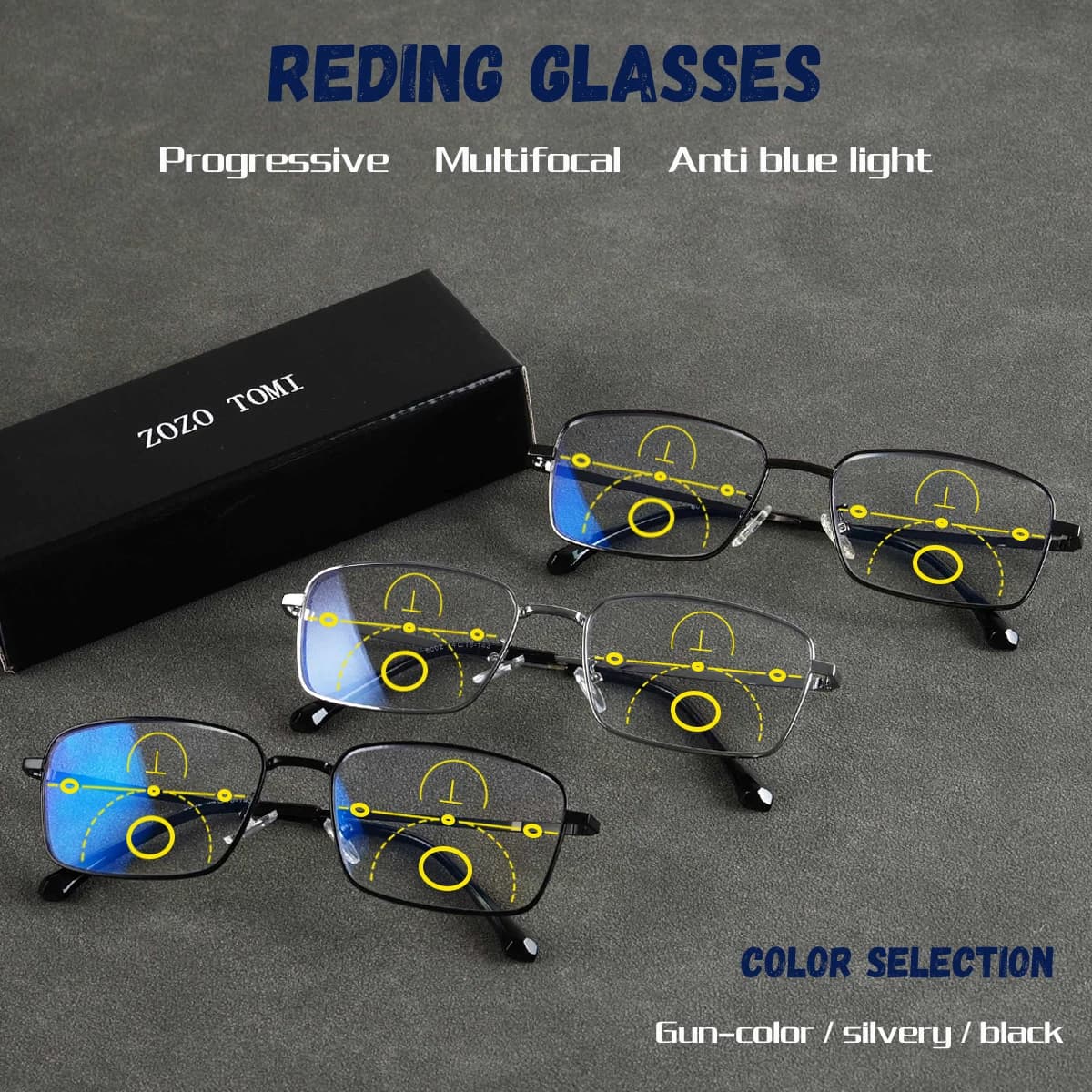 Progressive Multifocal Reading Glasses, Anti-Blue Light Lenses, Clear Vision from Far and Near, Metal Frame, Unisex.