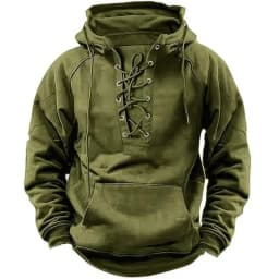 Men's Retro-Style Lace-Up Hooded Sweatshirt Loose-Fitting Long-Sleeved Pullover Pure Color Design for Autumn Winter Hoodie