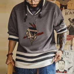Maden Men's Vintage Waffle Knit Sweatshirt Indian Embroidered V-Neck long-sleeved Pullover Loose fit Heavyweight shirt for Fall