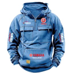 2026 New YAMAHA Logo Motorcycle Racing Race Retro Velvet Half Zipper Hoodie Men's Multi Pocket Autumn/Winter Casual Sweatshirt