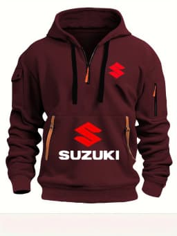2026 New Motorcycle-style Suzuki Hoodie with Half-Zip Design and Red Logo, Unisex Workwear-style Casual Top
