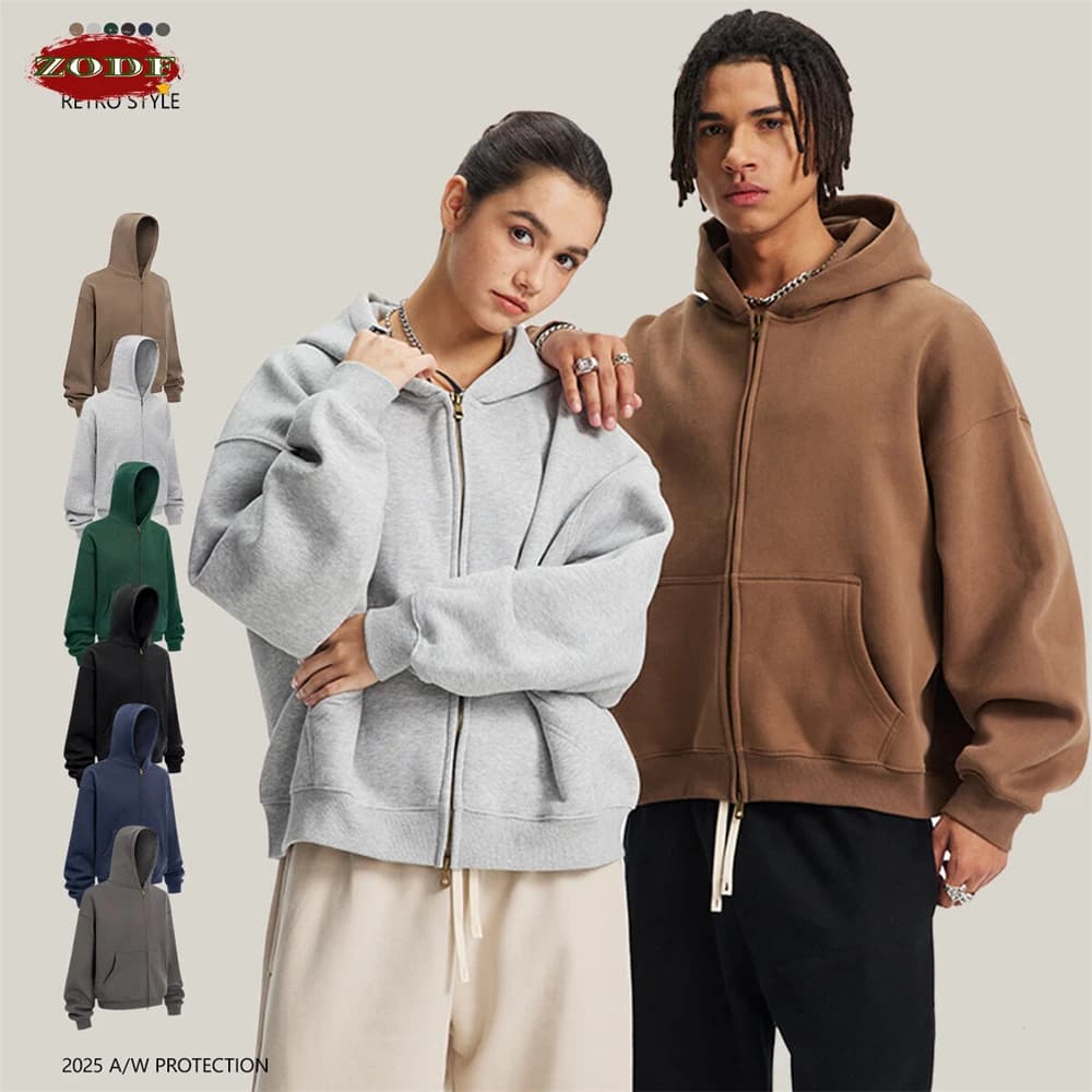 ZODF Trendy 2025 Winter Man Solid Fleece Boxy Hoodies Unisex 350gsm Double Head Zipper Hooded Sweatshirts Coat HY1122